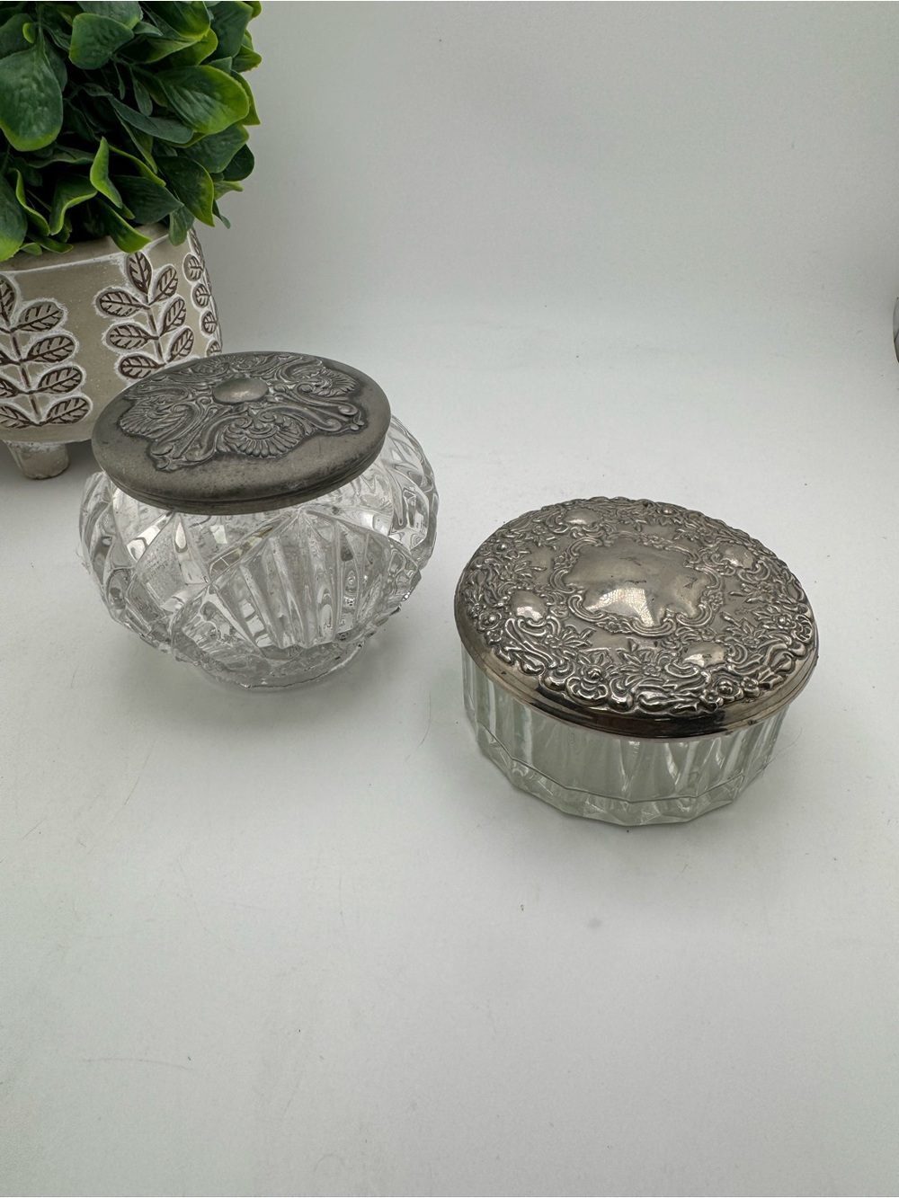 Vintage Glass Vanity Jar Set Silver Embossed Powder Dresser Pair